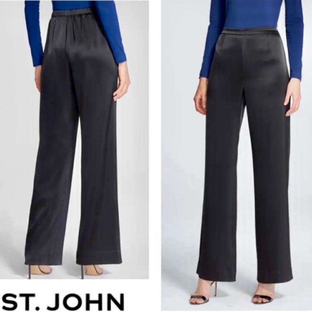 St. John Caviar Women's Size 12 Black Kate Satin Wide Leg Pants Trouser Minimal